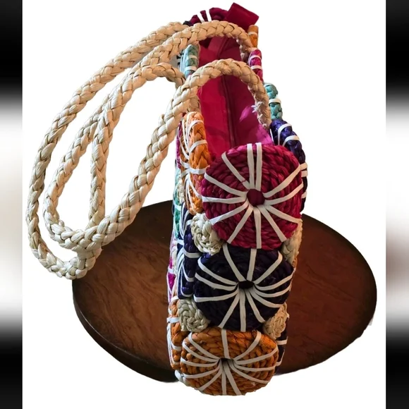 Colorful Patchwork Straw Tote Bag Vibrant Multicolor Summer Vibes - Picture 5 of 11